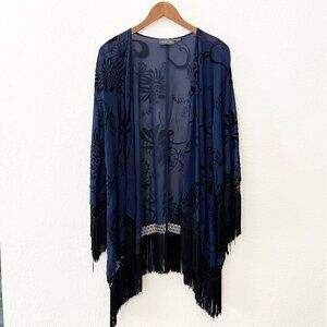 ASTR Sheer Floral Navy Blue/Black Velvet Kimono Wrap | Size S